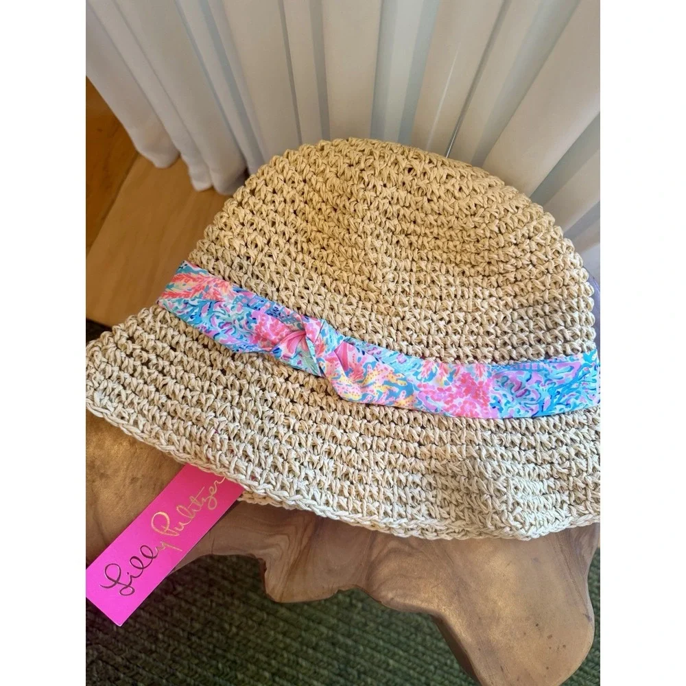 Lilly Pulitzer Raffia Bucket Hat NWT Tropical Ribbon Resort Vacation Beach Straw